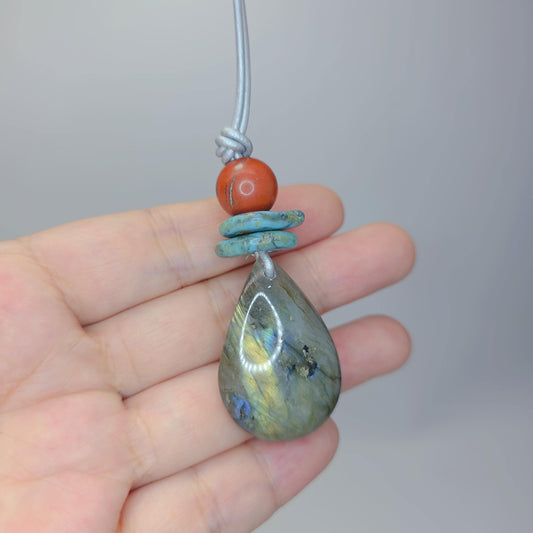 Labradorite Necklace Turquoise Red Jasper Pendant , Geometric Natural Gemstone Chunky Jewelry, Adjustable Leather Cord up to 30 inches #2543