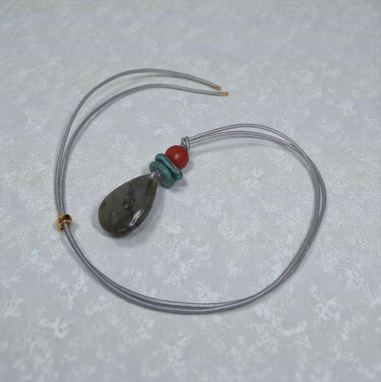 Labradorite Necklace Turquoise Red Jasper Pendant , Geometric Natural Gemstone Chunky Jewelry, Adjustable Leather Cord up to 30 inches #2543