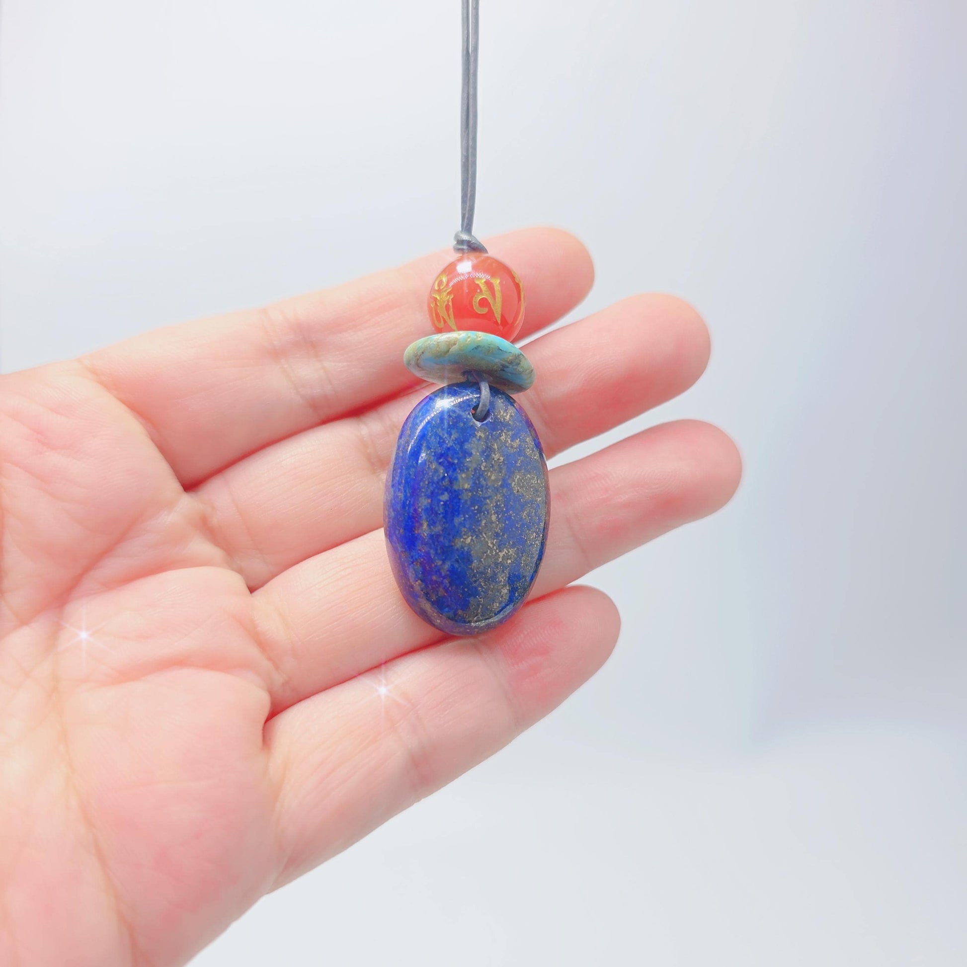 Lapis Lazuli Mantra Pendant Necklace, Geometric Turquoise Red Carnelian Chunky Jewelry, Adjustable Leather Cord up to 24 inches #2542
