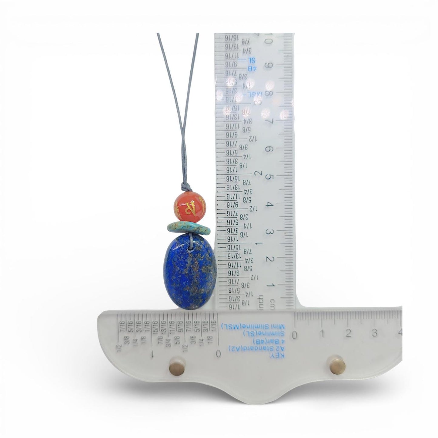 Lapis Lazuli Mantra Pendant Necklace, Geometric Turquoise Red Carnelian Chunky Jewelry, Adjustable Leather Cord up to 24 inches #2542