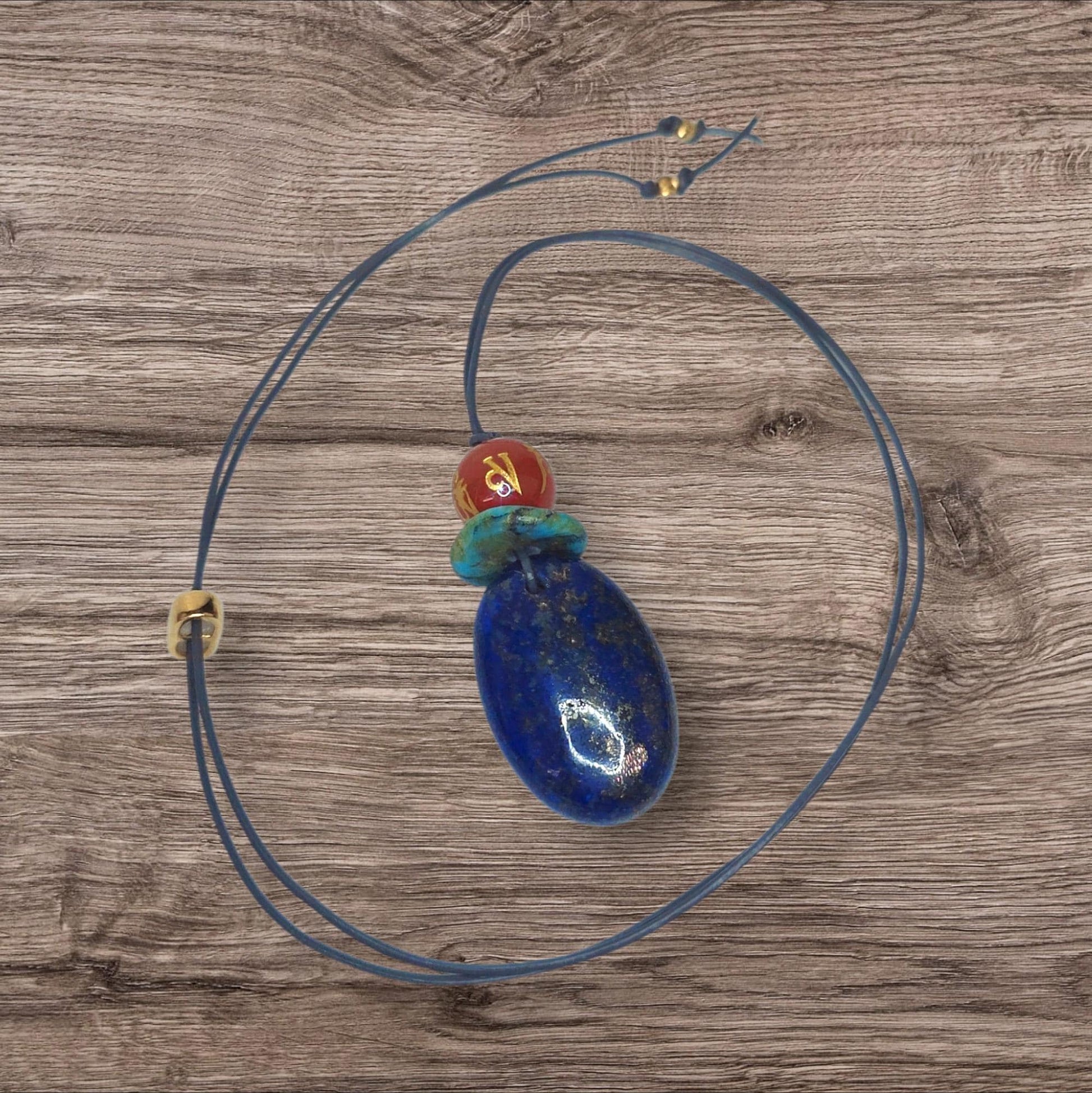 Lapis Lazuli Mantra Pendant Necklace, Geometric Turquoise Red Carnelian Chunky Jewelry, Adjustable Leather Cord up to 24 inches #2542