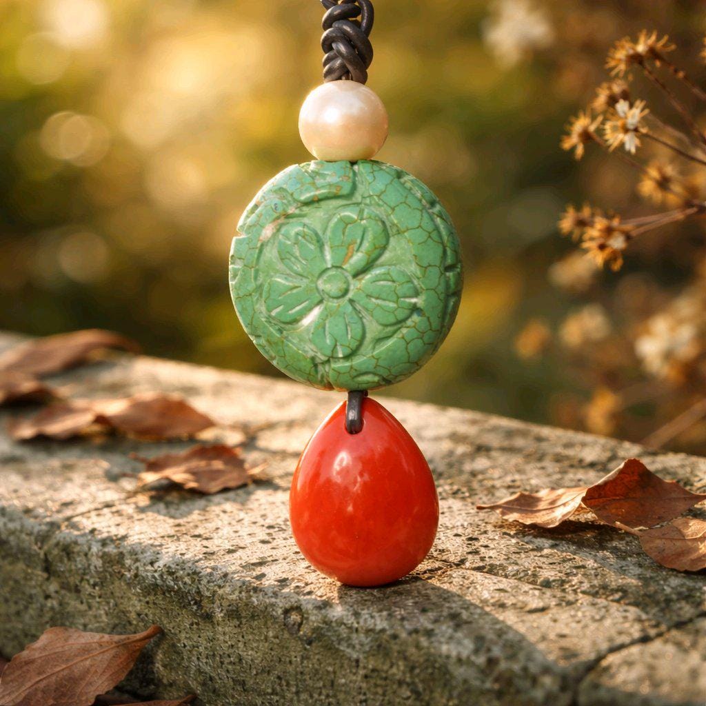 Flower of Life Geometric Carved Turquoise & Red Jasper Chunky Pendant Necklace, Boho Statement Jewelry with Adjustable Leather Cord 30"