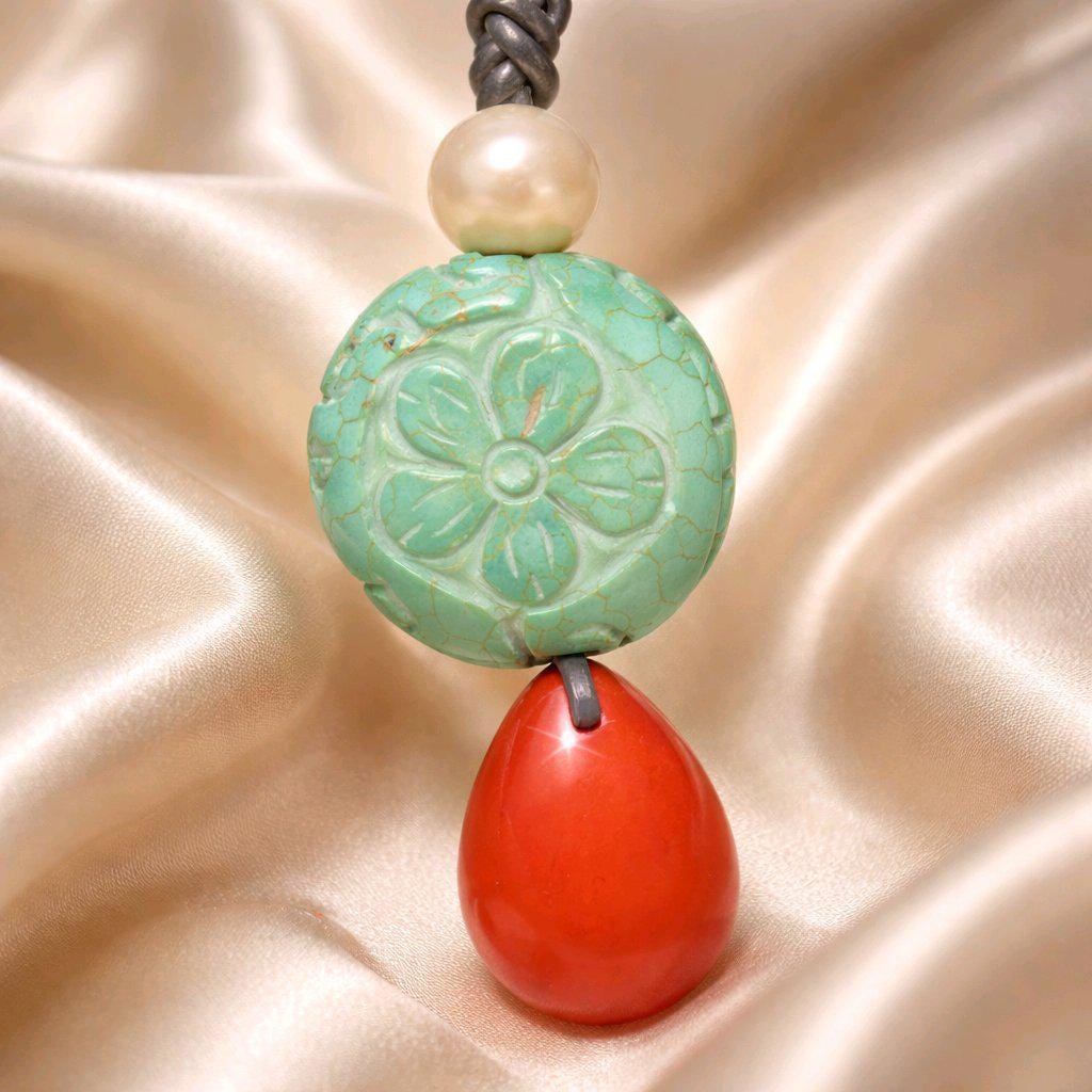 Flower of Life Geometric Carved Turquoise & Red Jasper Chunky Pendant Necklace, Boho Statement Jewelry with Adjustable Leather Cord 30"