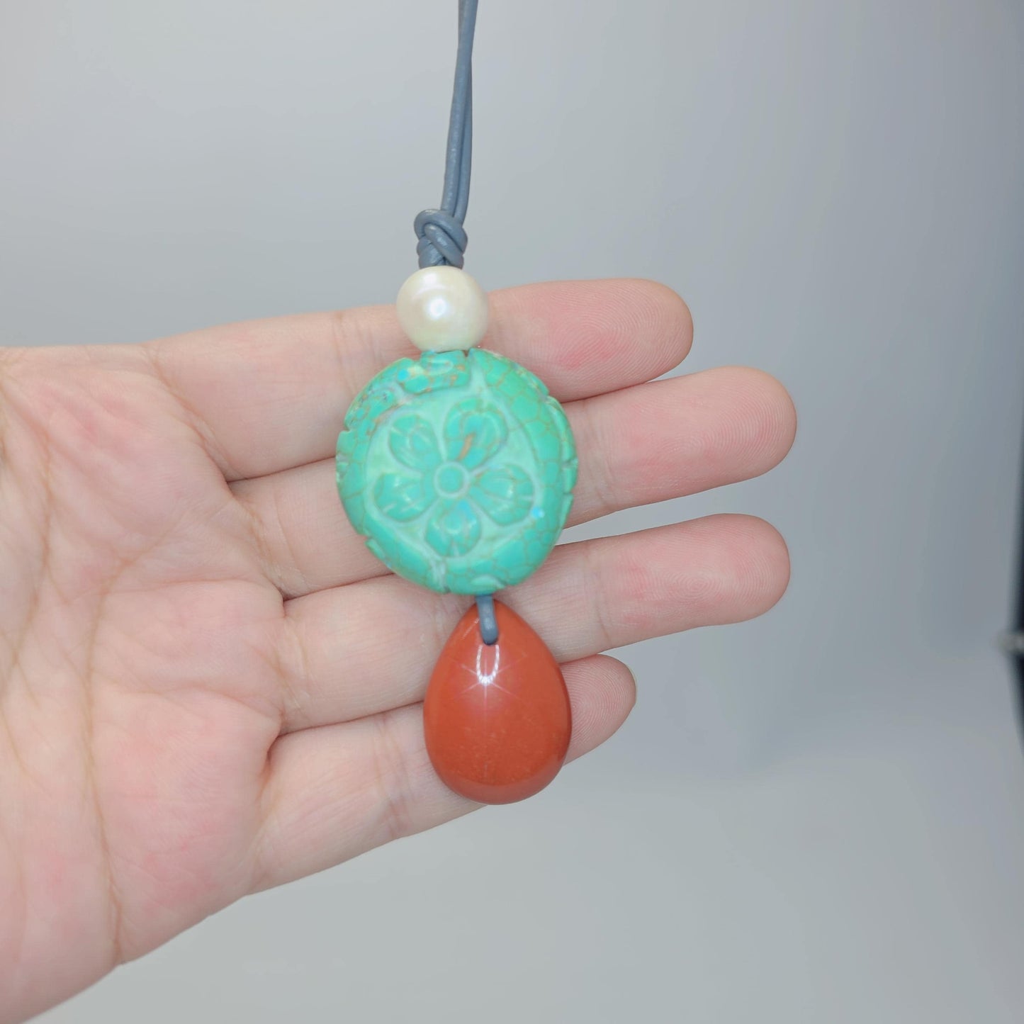 Flower of Life Geometric Carved Turquoise & Red Jasper Chunky Pendant Necklace, Boho Statement Jewelry with Adjustable Leather Cord 30"