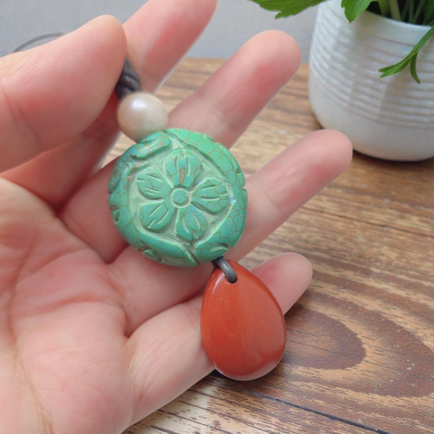 Flower of Life Geometric Carved Turquoise & Red Jasper Chunky Pendant Necklace, Boho Statement Jewelry with Adjustable Leather Cord 30"