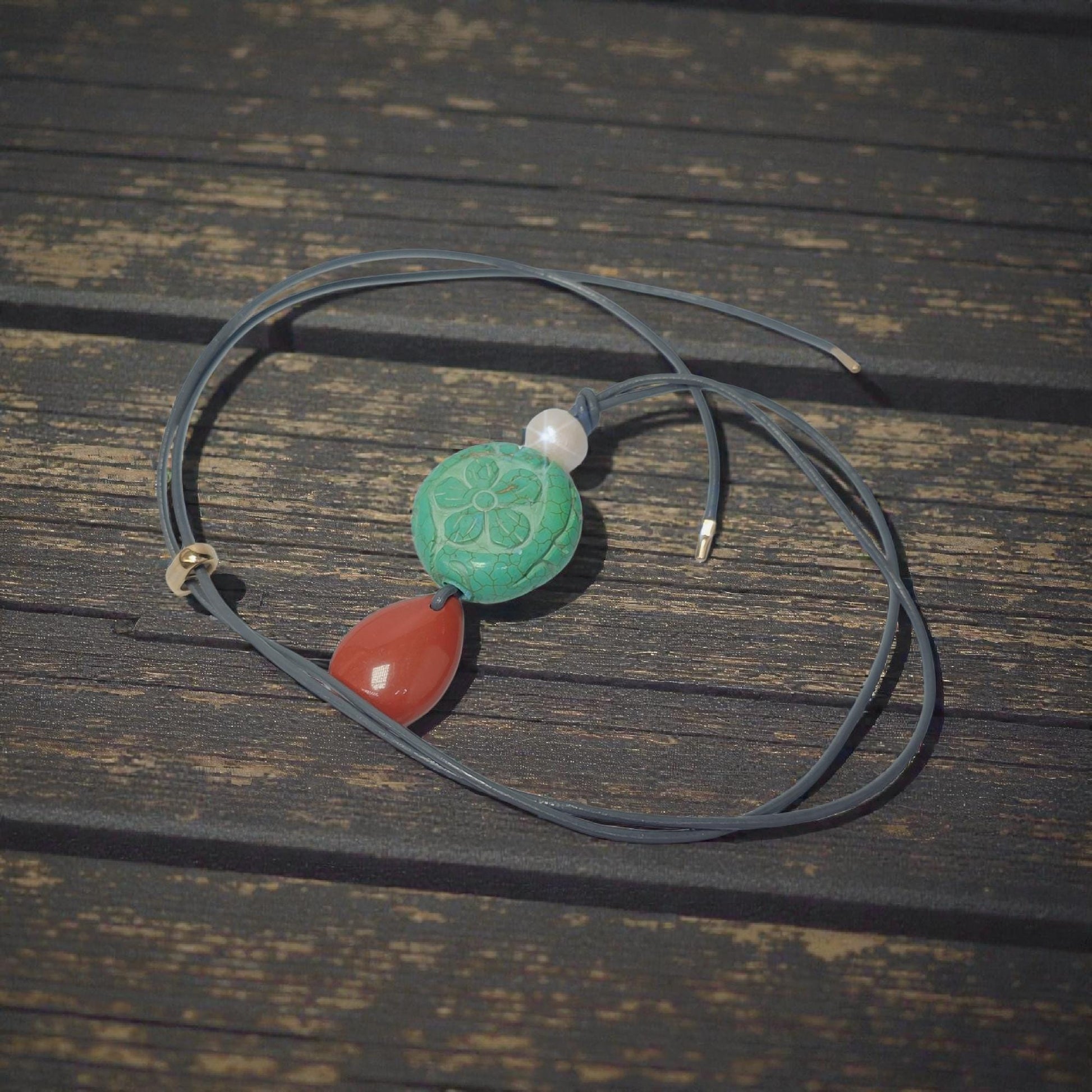 Flower of Life Geometric Carved Turquoise & Red Jasper Chunky Pendant Necklace, Boho Statement Jewelry with Adjustable Leather Cord 30"