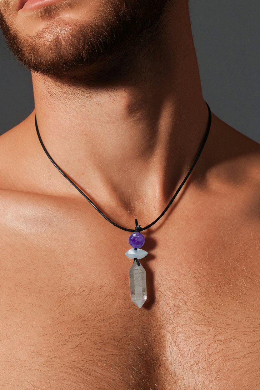 Natural Smoky Quartz Crystal Point & Amethyst Geometric Necklace, Blue Aura Quartz Chunky Pendant with Adjustable Leather Cord