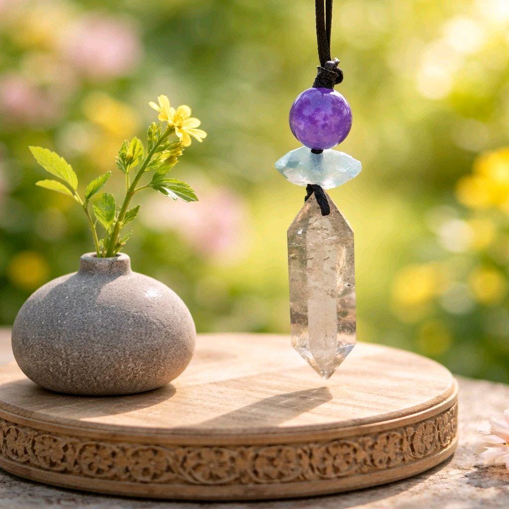 Natural Smoky Quartz Crystal Point & Amethyst Geometric Necklace, Blue Aura Quartz Chunky Pendant with Adjustable Leather Cord