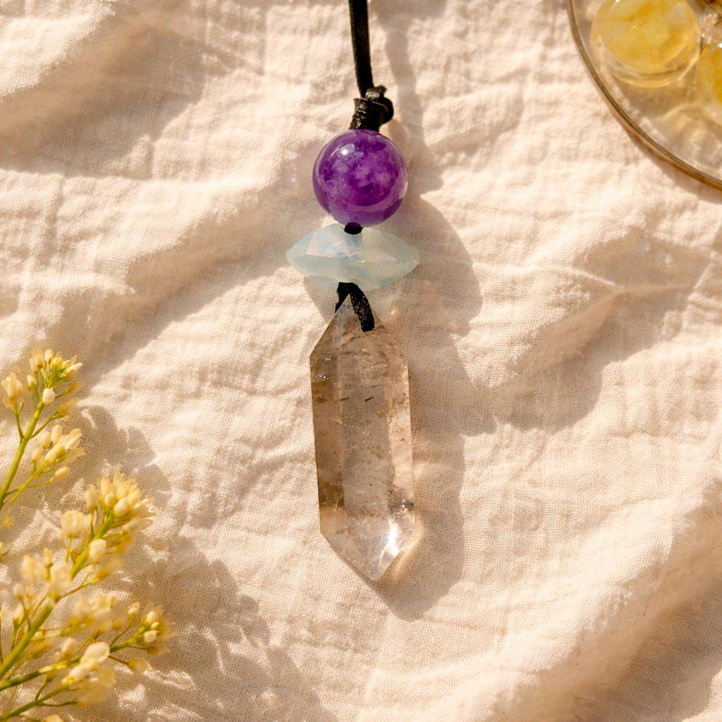 Natural Smoky Quartz Crystal Point & Amethyst Geometric Necklace, Blue Aura Quartz Chunky Pendant with Adjustable Leather Cord