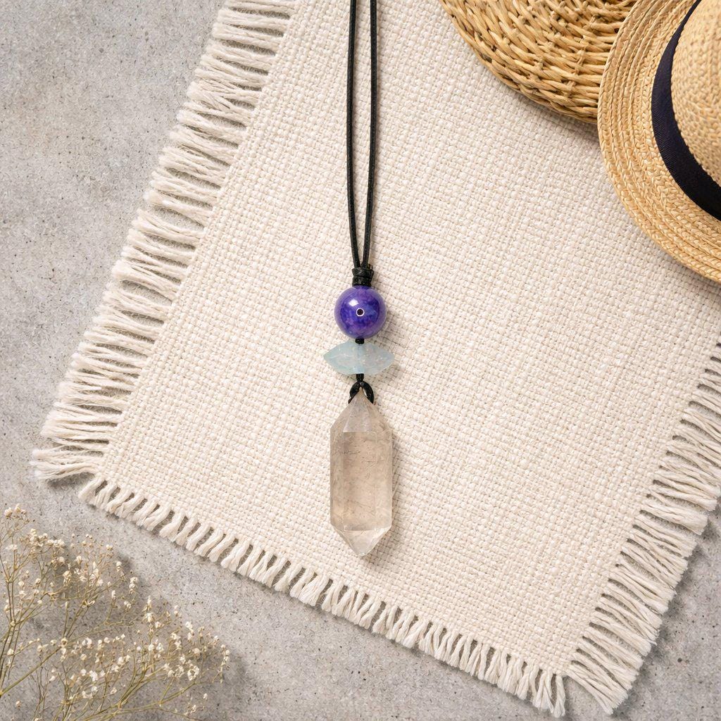Natural Smoky Quartz Crystal Point & Amethyst Geometric Necklace, Blue Aura Quartz Chunky Pendant with Adjustable Leather Cord