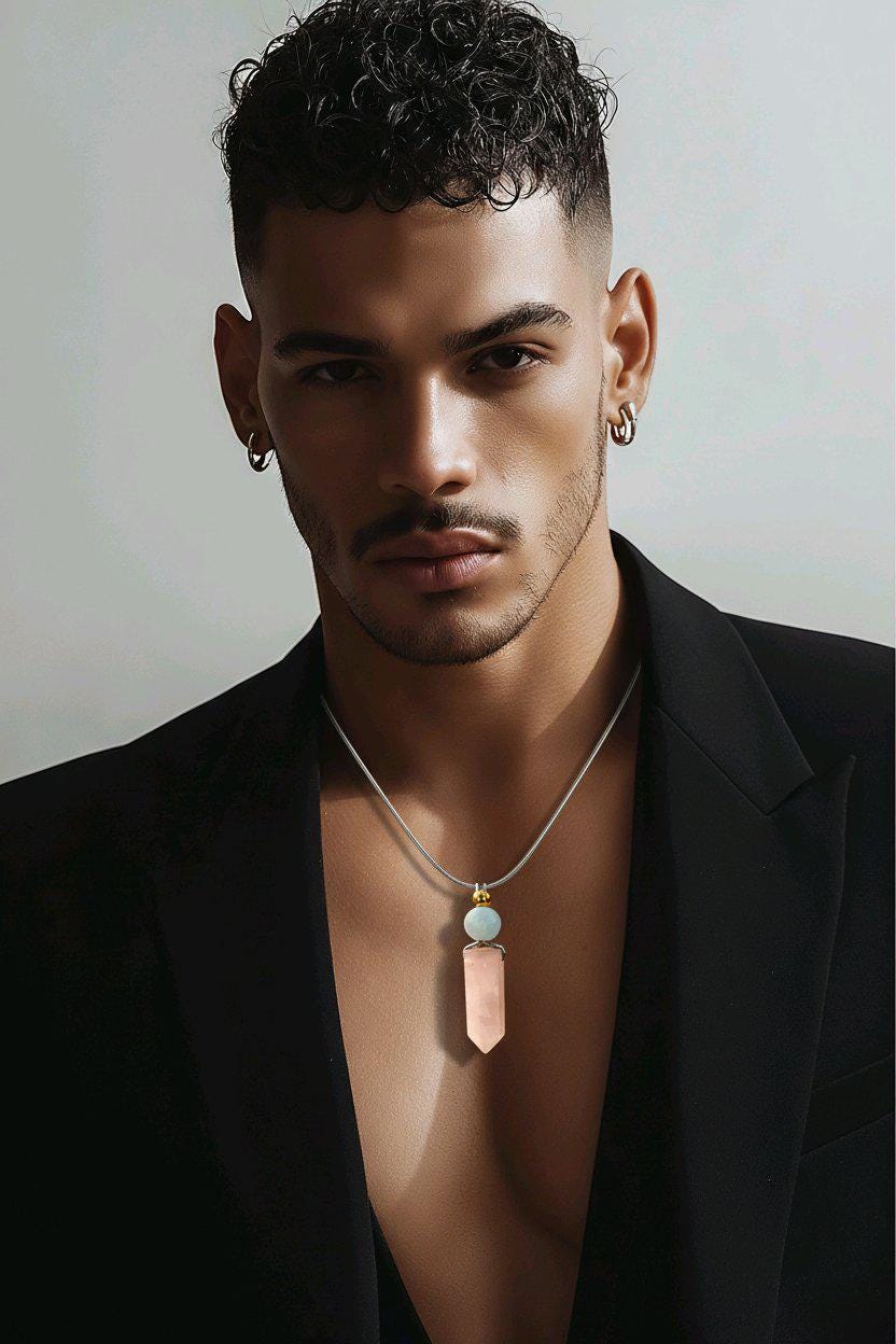 Natural Rose Quartz Necklace Crystal Point & Aquamarine Geometric Pendant, Pink Chunky Gemstone Jewelry Adjustable Leather for Men and Women