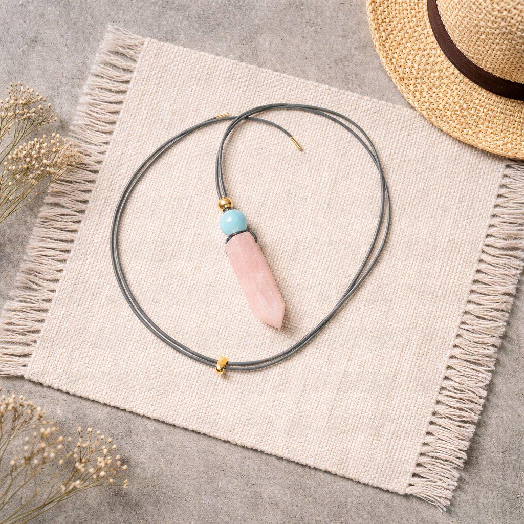 Natural Rose Quartz Necklace Crystal Point & Aquamarine Geometric Pendant, Pink Chunky Gemstone Jewelry Adjustable Leather for Men and Women