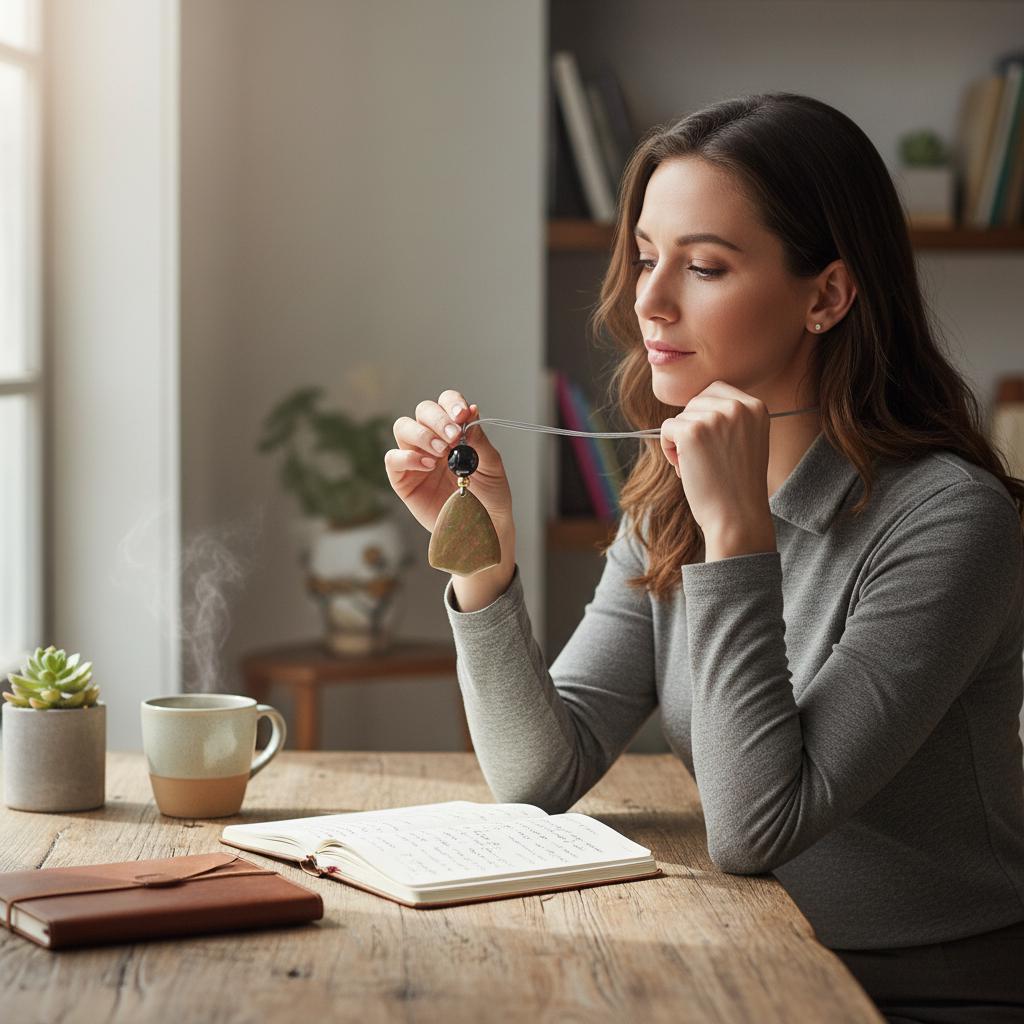Natural Unakite Black Onyx Geometric Statement Necklace, Green Chunky Pendant Jewelry with Long Adjustable Leather Cord