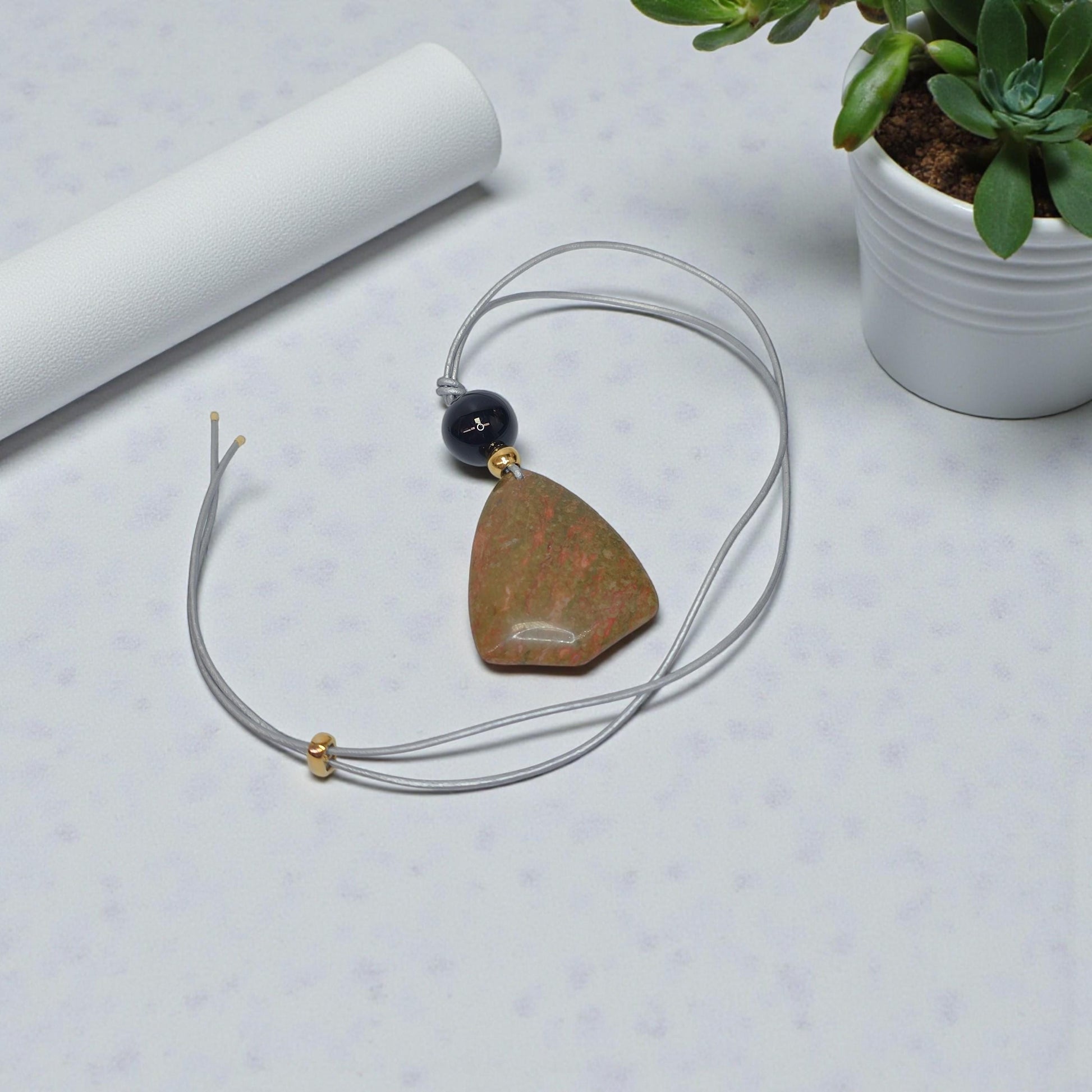 Natural Unakite Black Onyx Geometric Statement Necklace, Green Chunky Pendant Jewelry with Long Adjustable Leather Cord