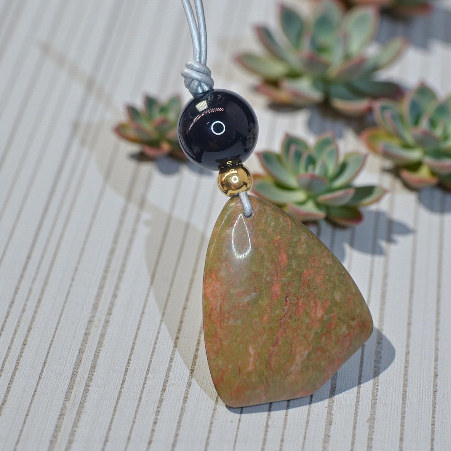 Natural Unakite Black Onyx Geometric Statement Necklace, Green Chunky Pendant Jewelry with Long Adjustable Leather Cord