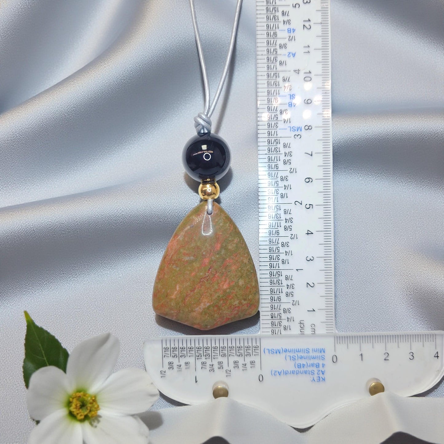 Natural Unakite Black Onyx Geometric Statement Necklace, Green Chunky Pendant Jewelry with Long Adjustable Leather Cord