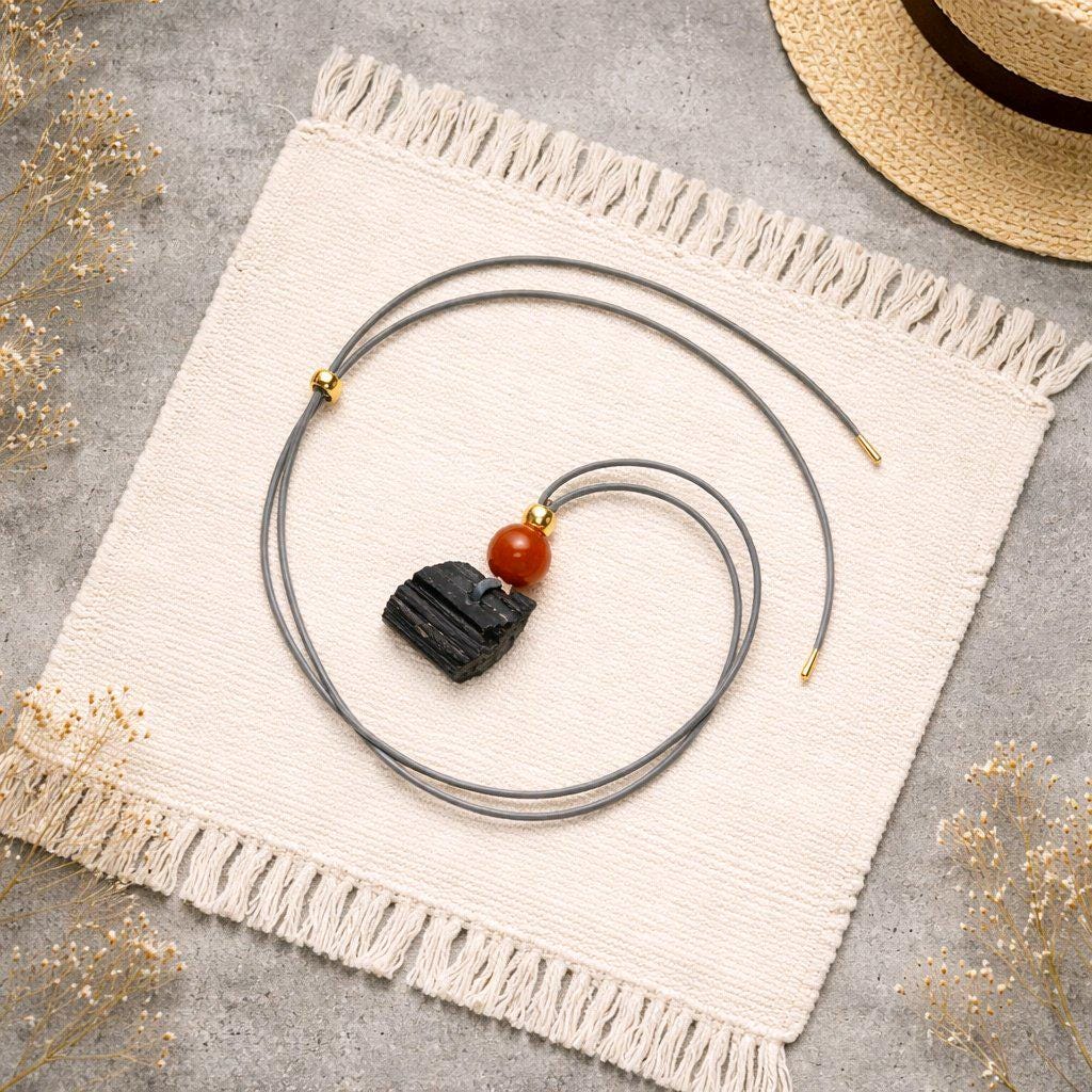 Raw Black Tourmaline Red Carnelian Necklace, Chunky Geometric Protective Stone Jewelry, Zen Boho Amulet, adjustable leather cord