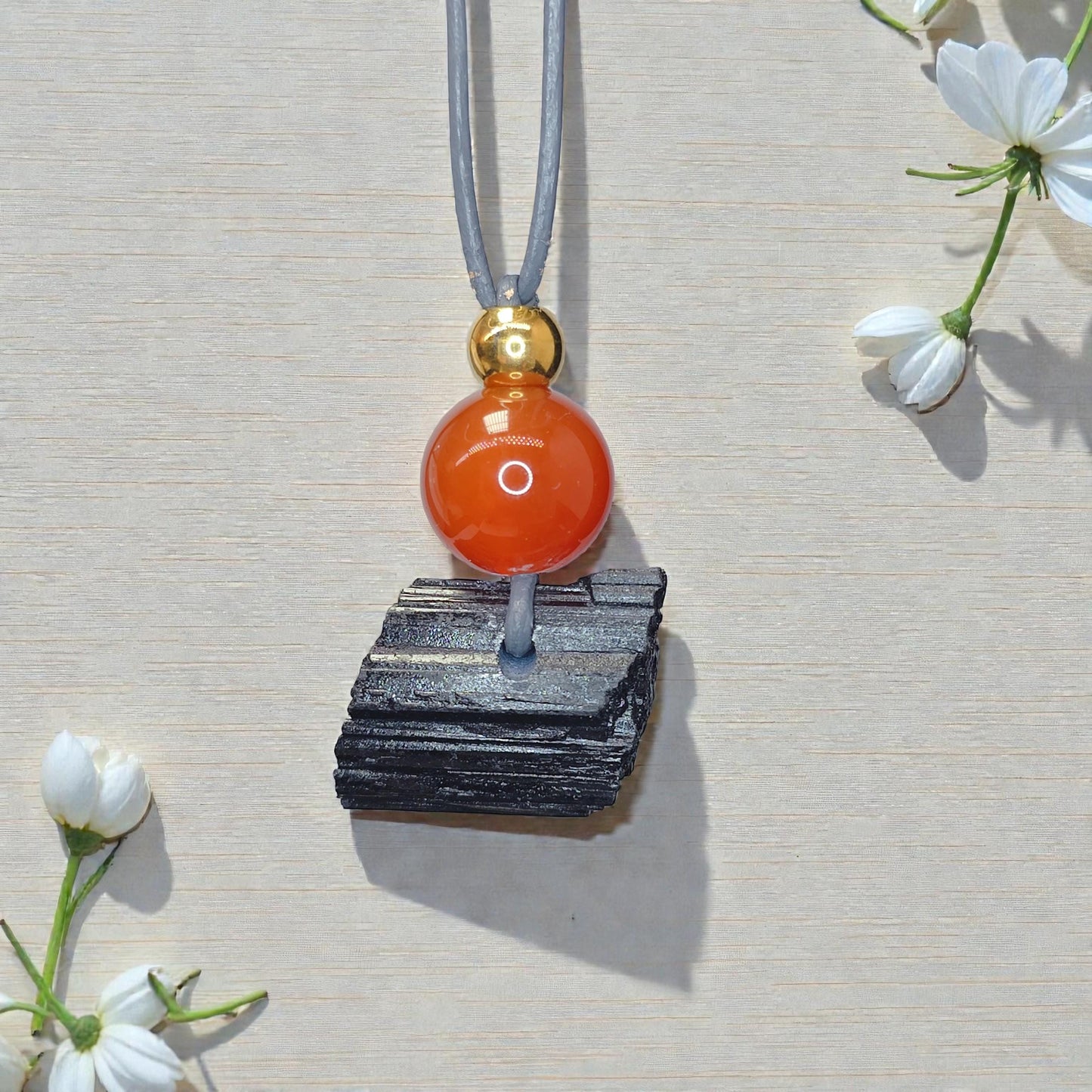 Raw Black Tourmaline Red Carnelian Necklace, Chunky Geometric Protective Stone Jewelry, Zen Boho Amulet, adjustable leather cord