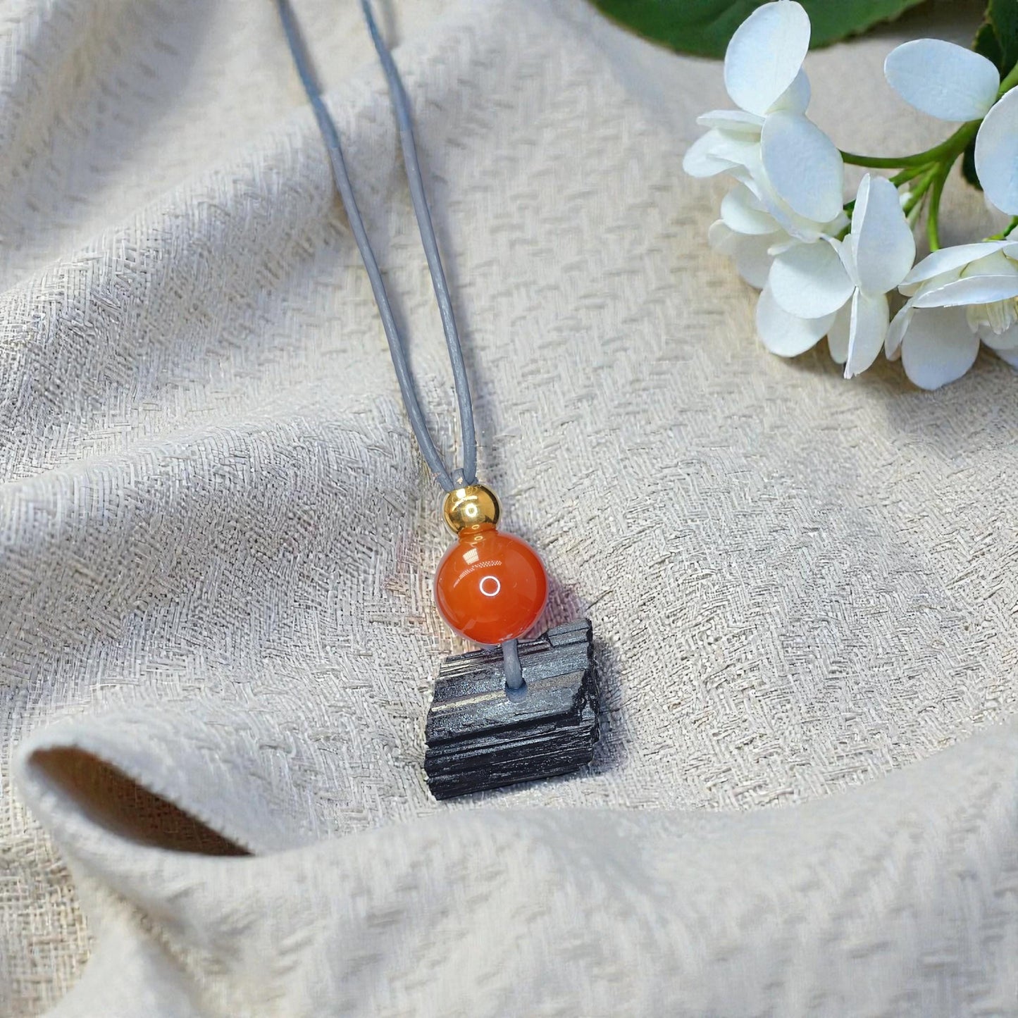 Raw Black Tourmaline Red Carnelian Necklace, Chunky Geometric Protective Stone Jewelry, Zen Boho Amulet, adjustable leather cord