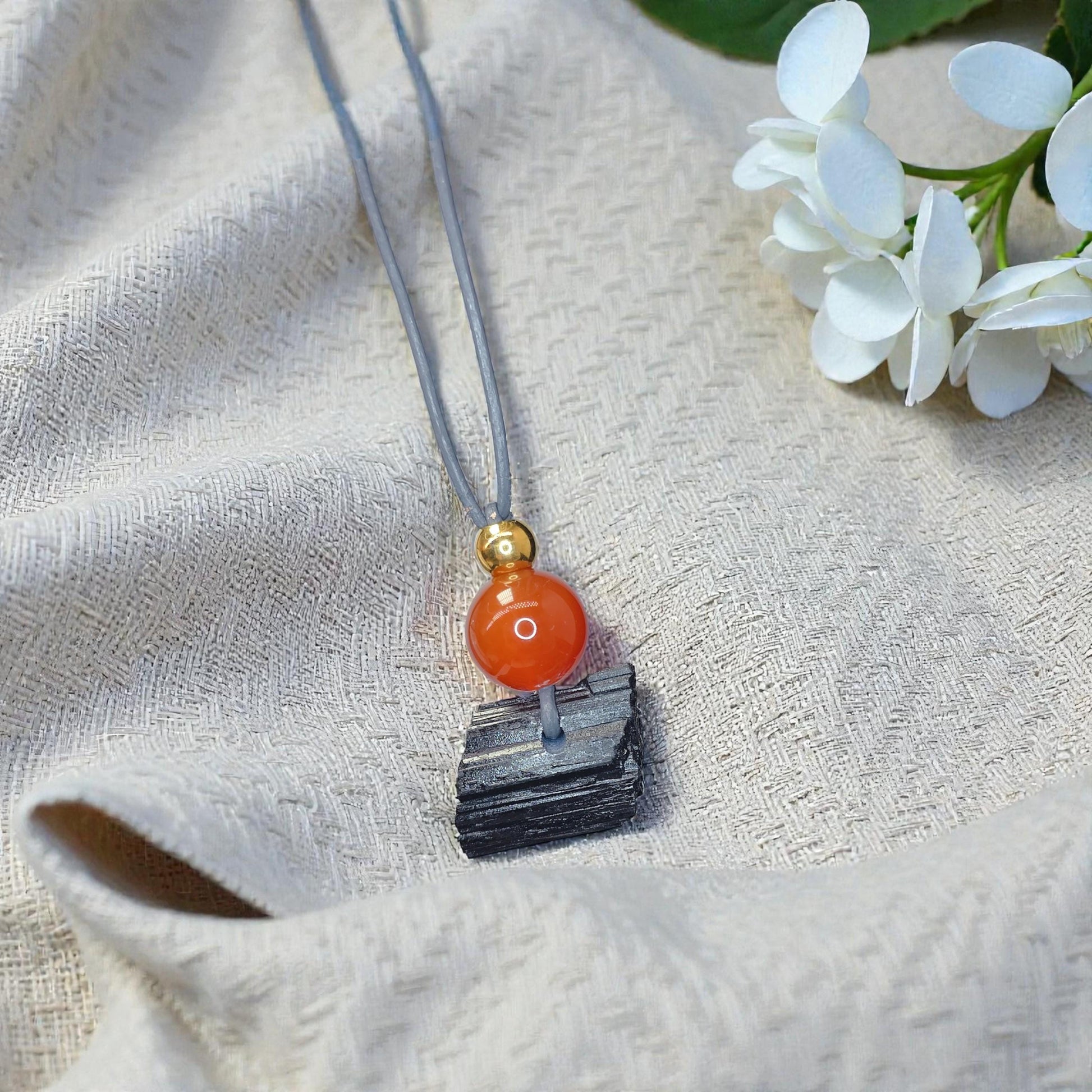 Raw Black Tourmaline Red Carnelian Necklace, Chunky Geometric Protective Stone Jewelry, Zen Boho Amulet, adjustable leather cord