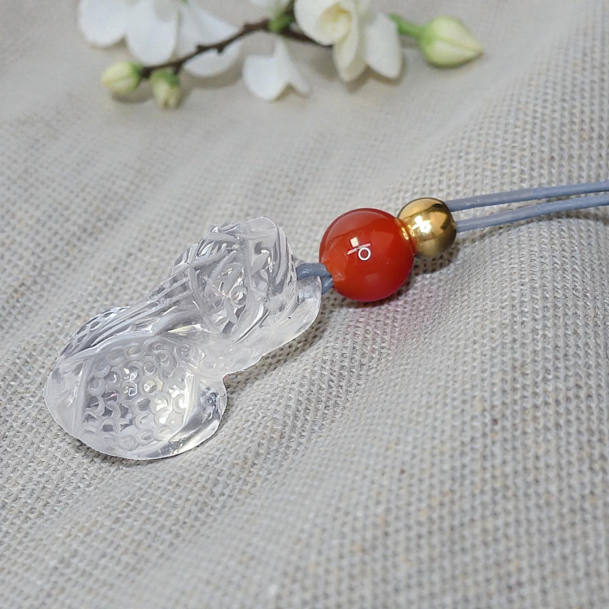 Carved Clear Quartz PiXiu Necklace, Chunky Geometric Brave Troops Amulet, Protection Talisman, adjustable leather cord