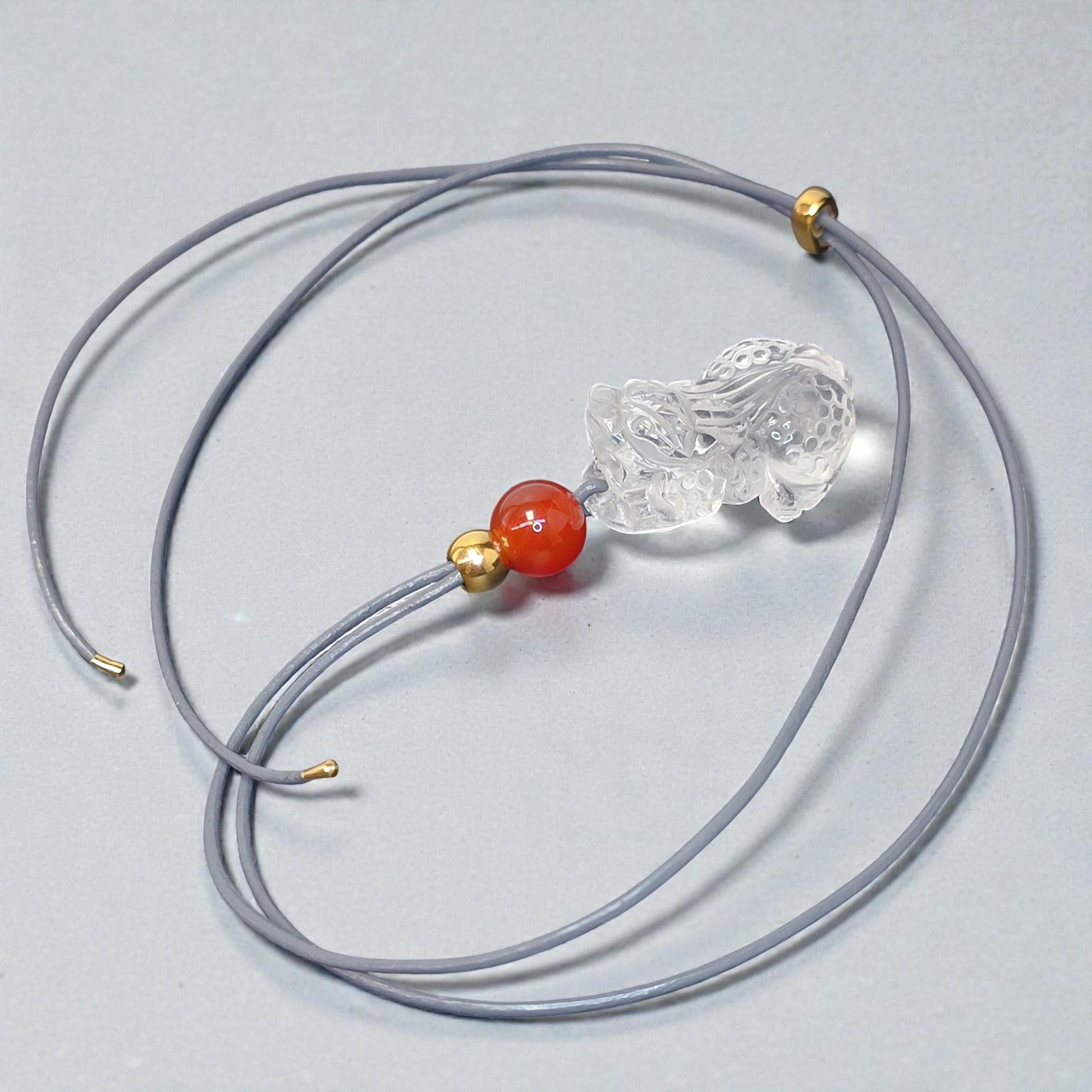 Carved Clear Quartz PiXiu Necklace, Chunky Geometric Brave Troops Amulet, Protection Talisman, adjustable leather cord