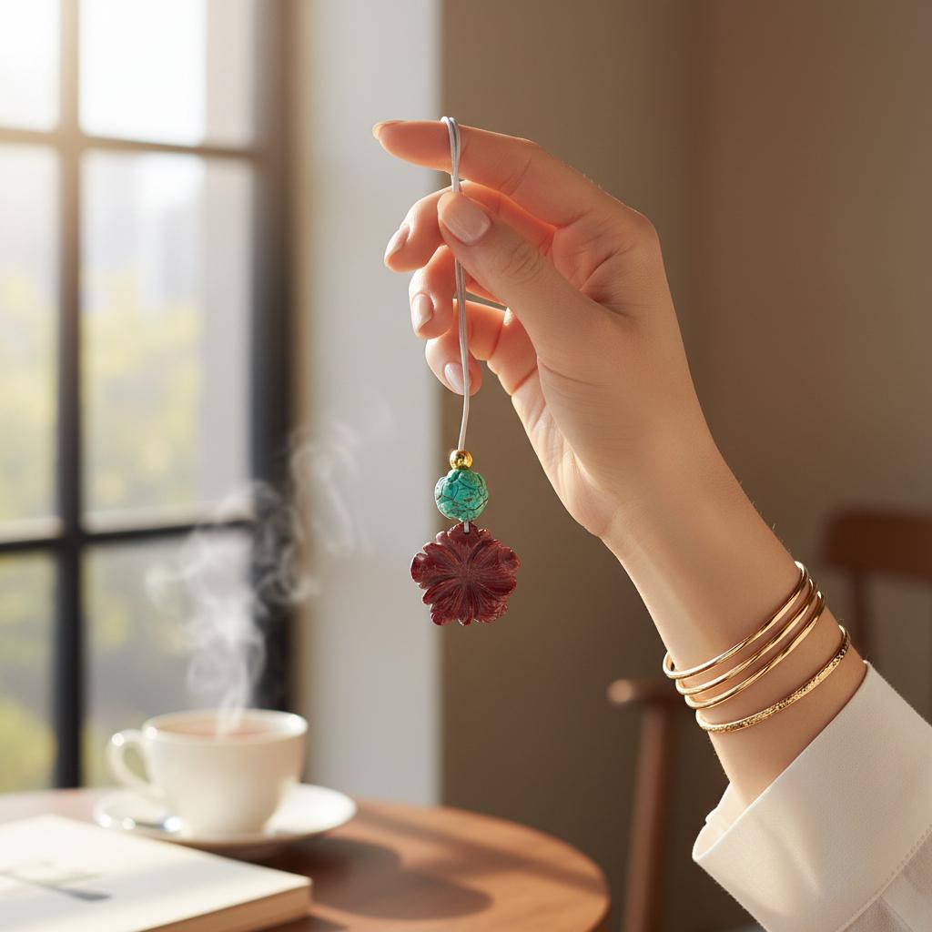 Red Jasper Carved Flower Necklace, Chunky Geometric Turquoise Flower of Life Zen Amulet, Boho Chic Jewelry, adjustable leather cord