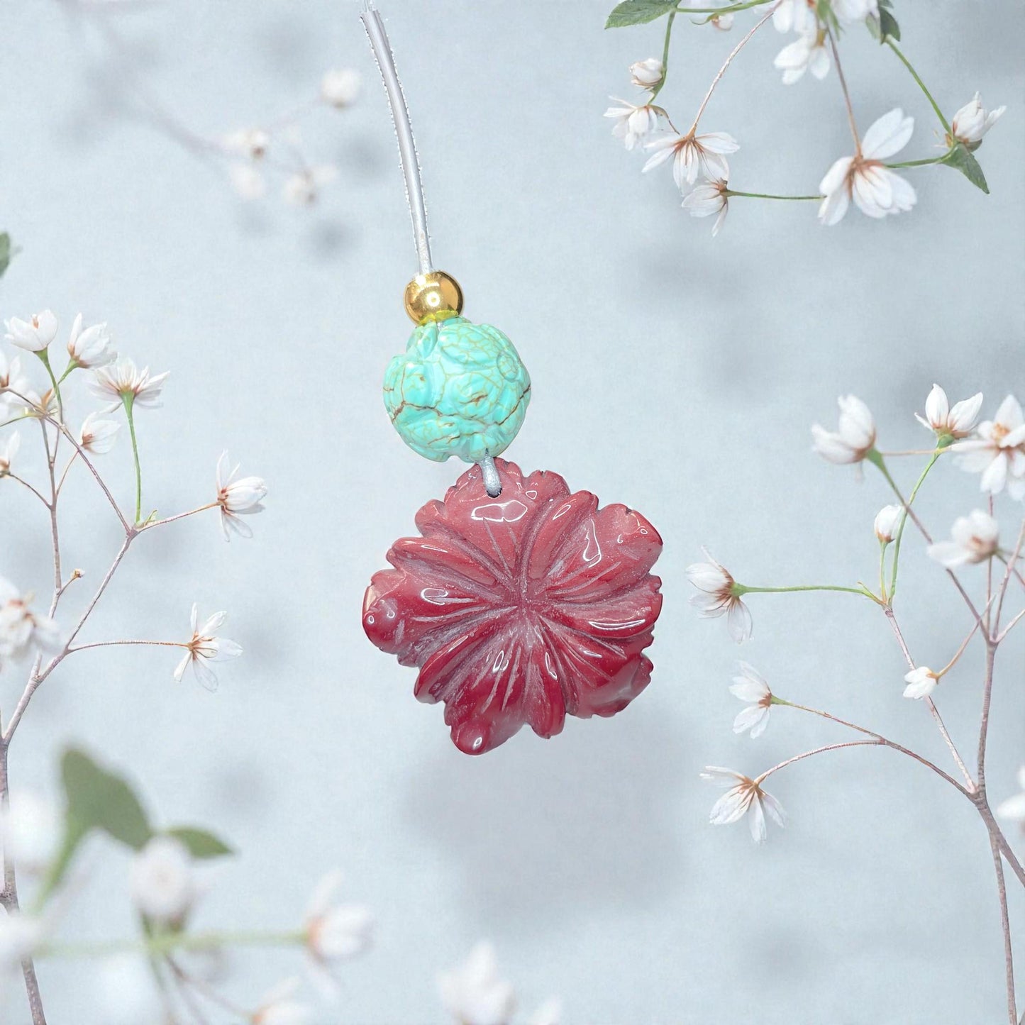 Red Jasper Carved Flower Necklace, Chunky Geometric Turquoise Flower of Life Zen Amulet, Boho Chic Jewelry, adjustable leather cord