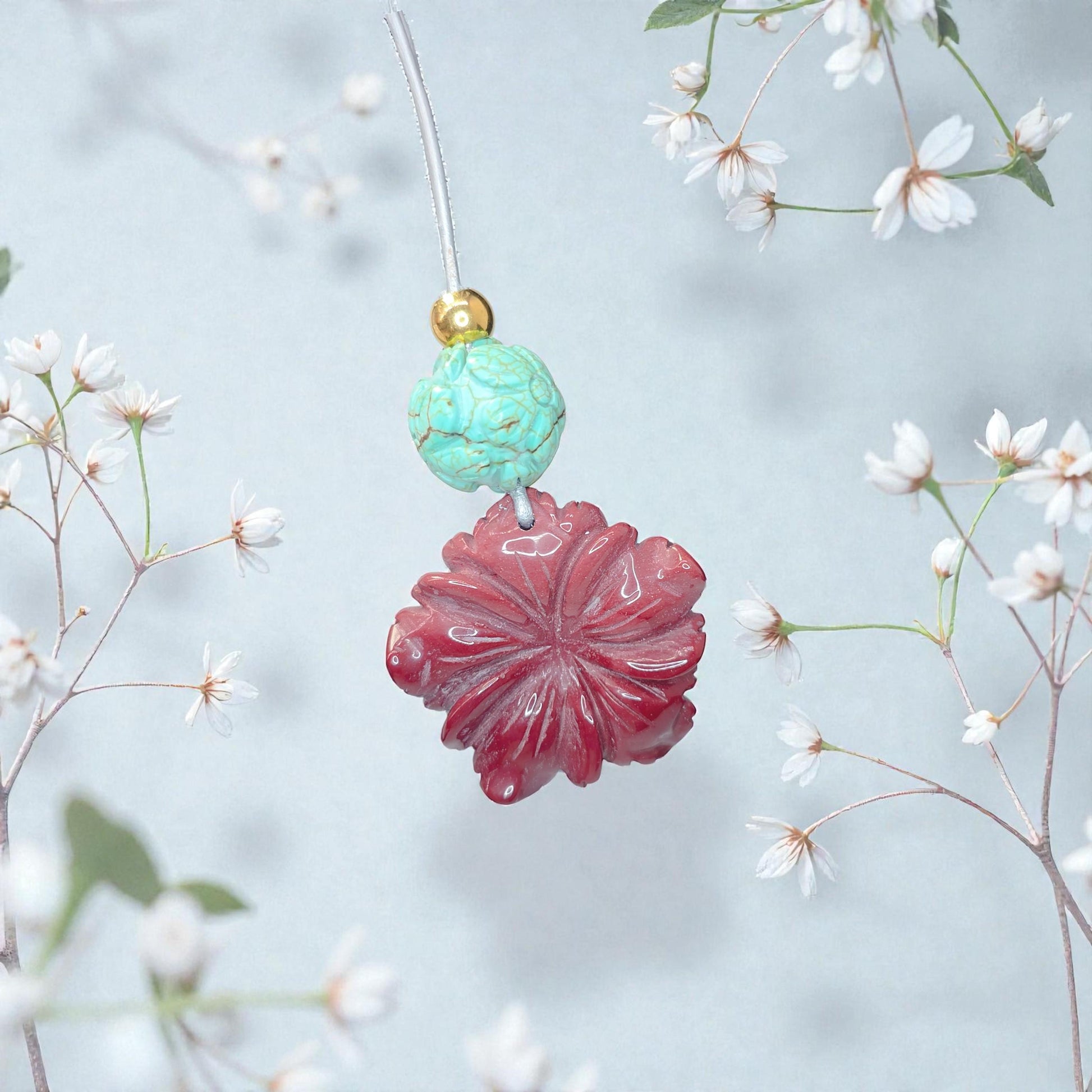 Red Jasper Carved Flower Necklace, Chunky Geometric Turquoise Flower of Life Zen Amulet, Boho Chic Jewelry, adjustable leather cord