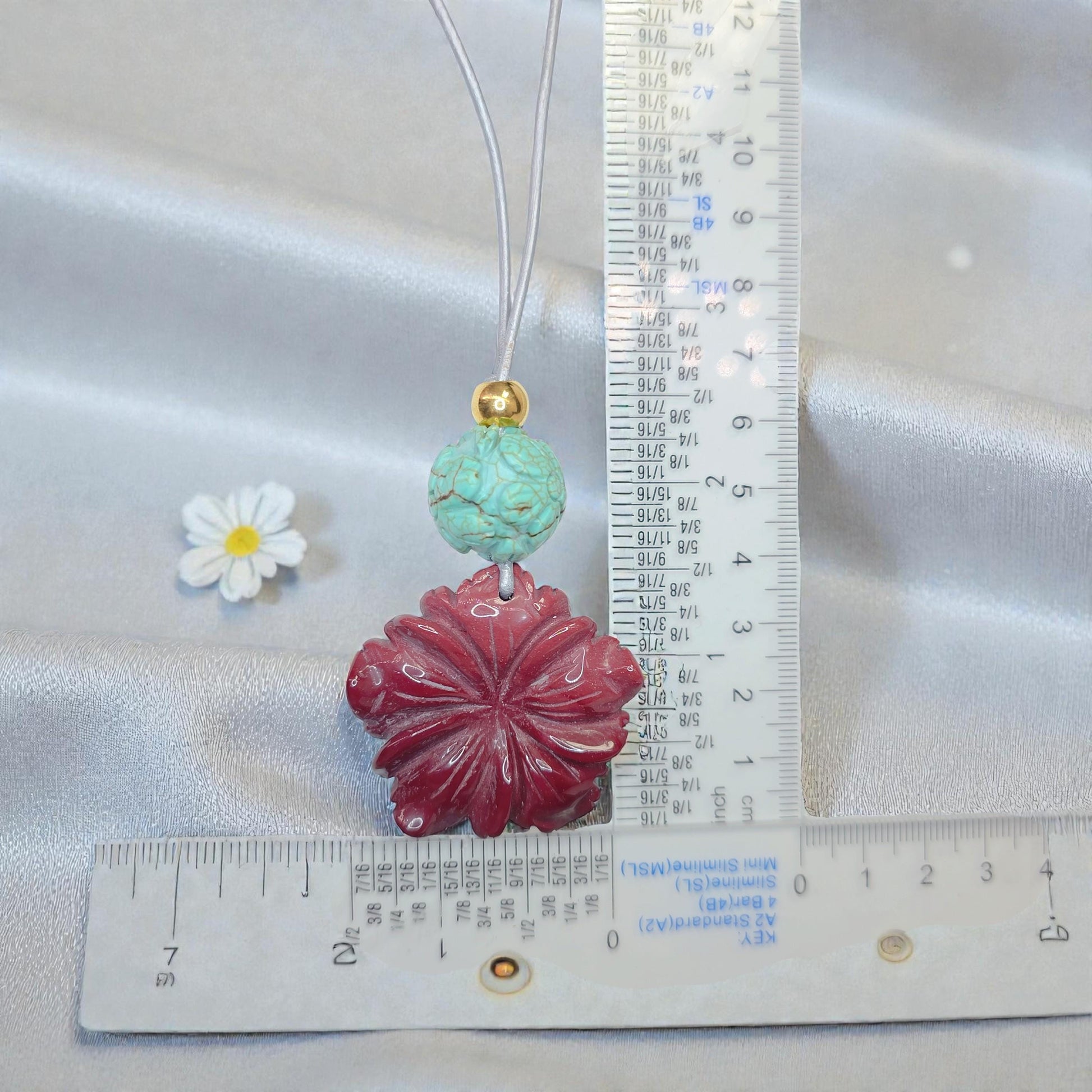 Red Jasper Carved Flower Necklace, Chunky Geometric Turquoise Flower of Life Zen Amulet, Boho Chic Jewelry, adjustable leather cord