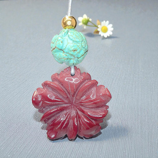 Red Jasper Carved Flower Necklace, Chunky Geometric Turquoise Flower of Life Zen Amulet, Boho Chic Jewelry, adjustable leather cord