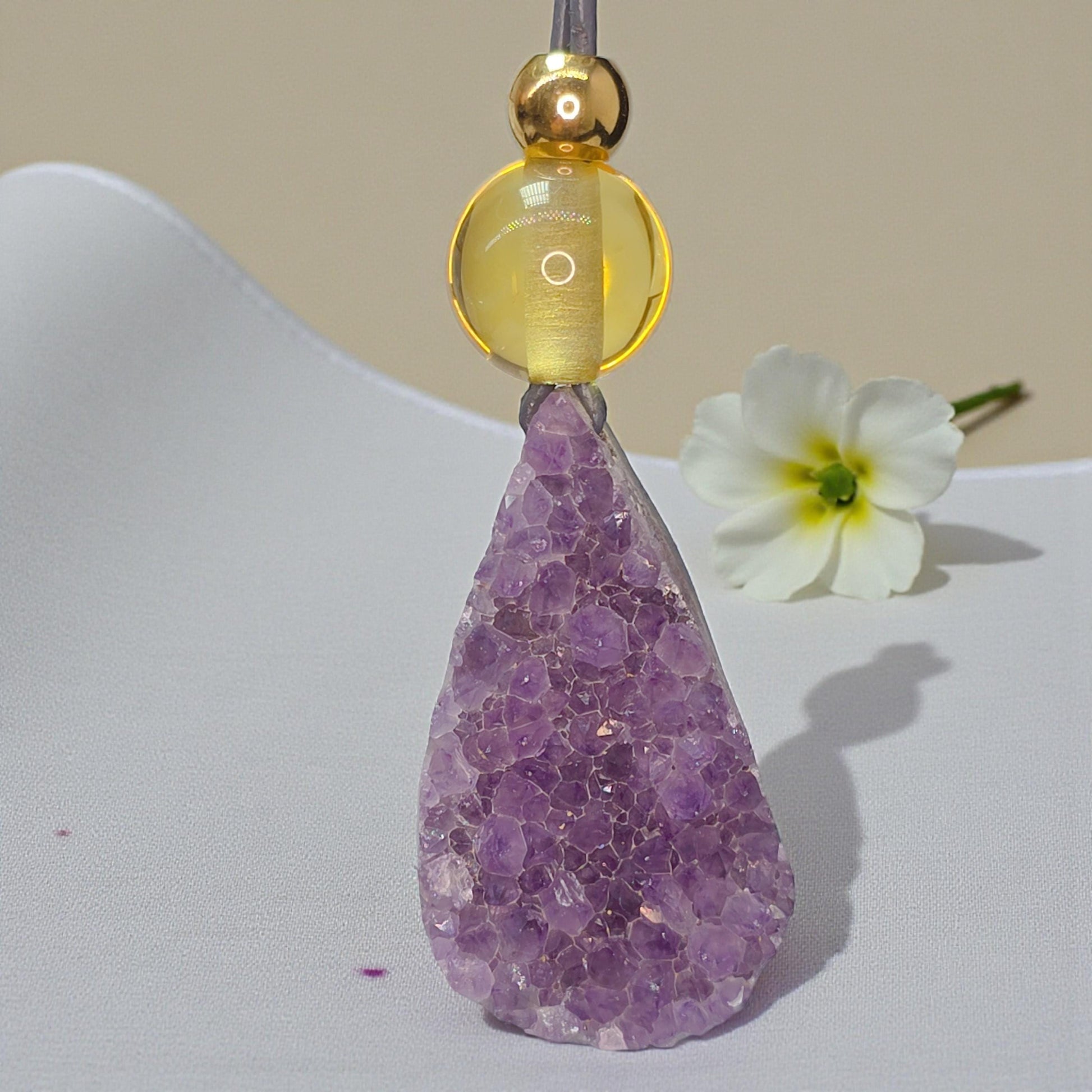 Raw Amethyst Point Citrine Necklace, Chunky Geometric Healing Crystal Amulet, Spiritual Protection Jewelry, adjustable leather cord