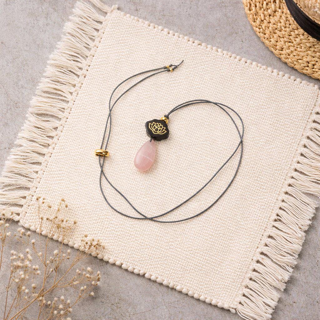 Rose Quartz Necklace Lotus Pendant, Dark Rosewood Natural Pink Crystal Chunky Geometric Jewelry, Gift for Her, Adjustable Leather Cord