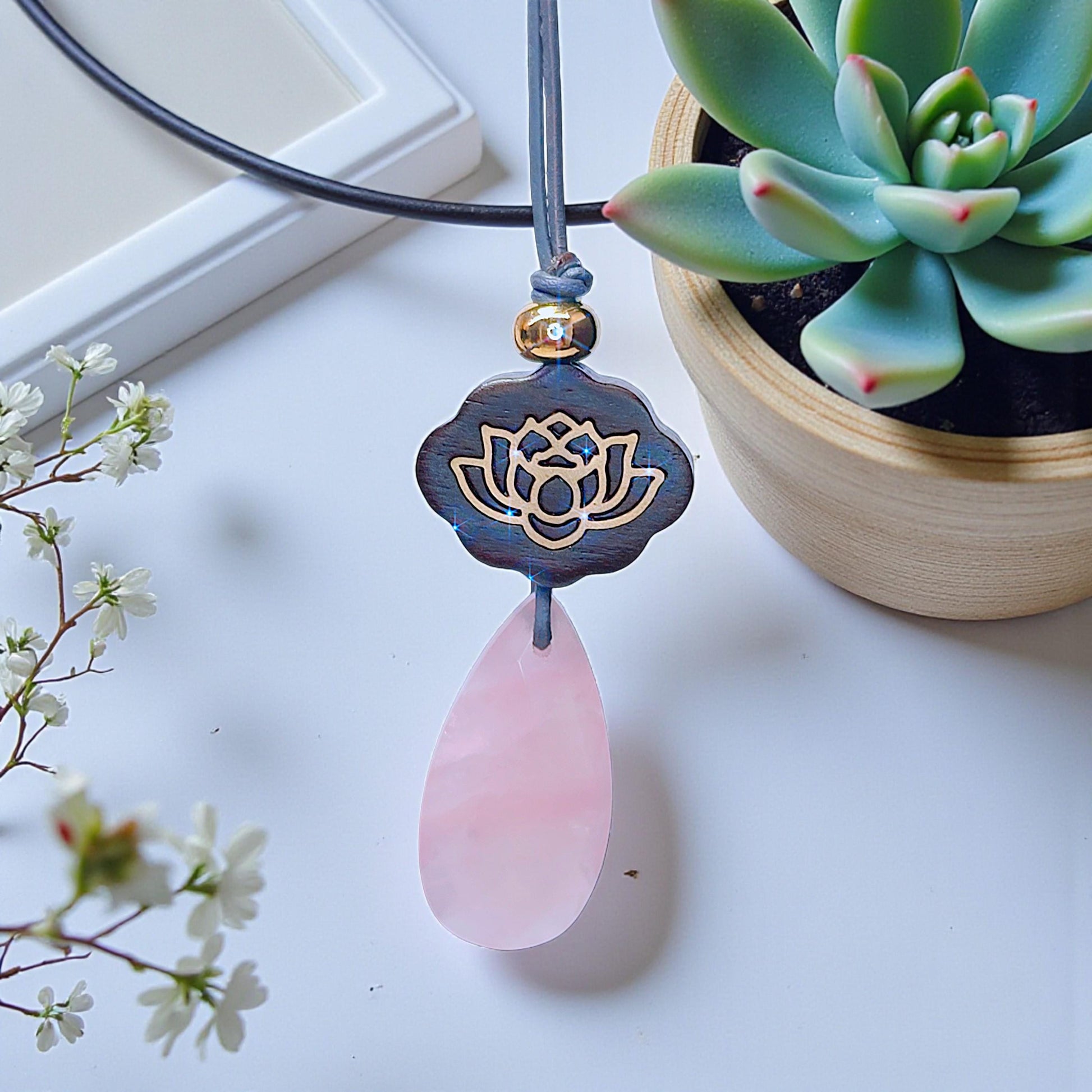 Rose Quartz Necklace Lotus Pendant, Dark Rosewood Natural Pink Crystal Chunky Geometric Jewelry, Gift for Her, Adjustable Leather Cord