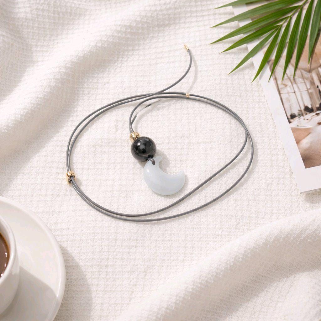 Cat Eye Necklace Moon Pendant, Obsidian Natural Gemstone Chunky Geometric Selenite Jewelry, Gift for Him Her, Adjustable Leather Cord