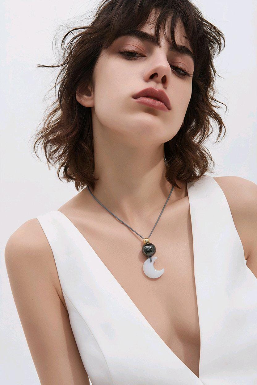 Cat Eye Necklace Moon Pendant, Obsidian Natural Gemstone Chunky Geometric Selenite Jewelry, Gift for Him Her, Adjustable Leather Cord