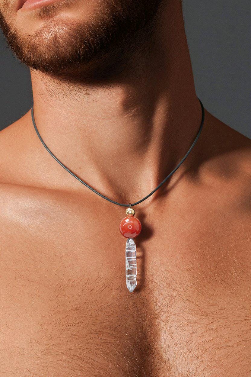 Clear Quartz Necklace Crystal Pen Point Pendant, Red Carnelian Natural Gemstone Chunky Geometric Jewelry, Adjustable Leather Cord