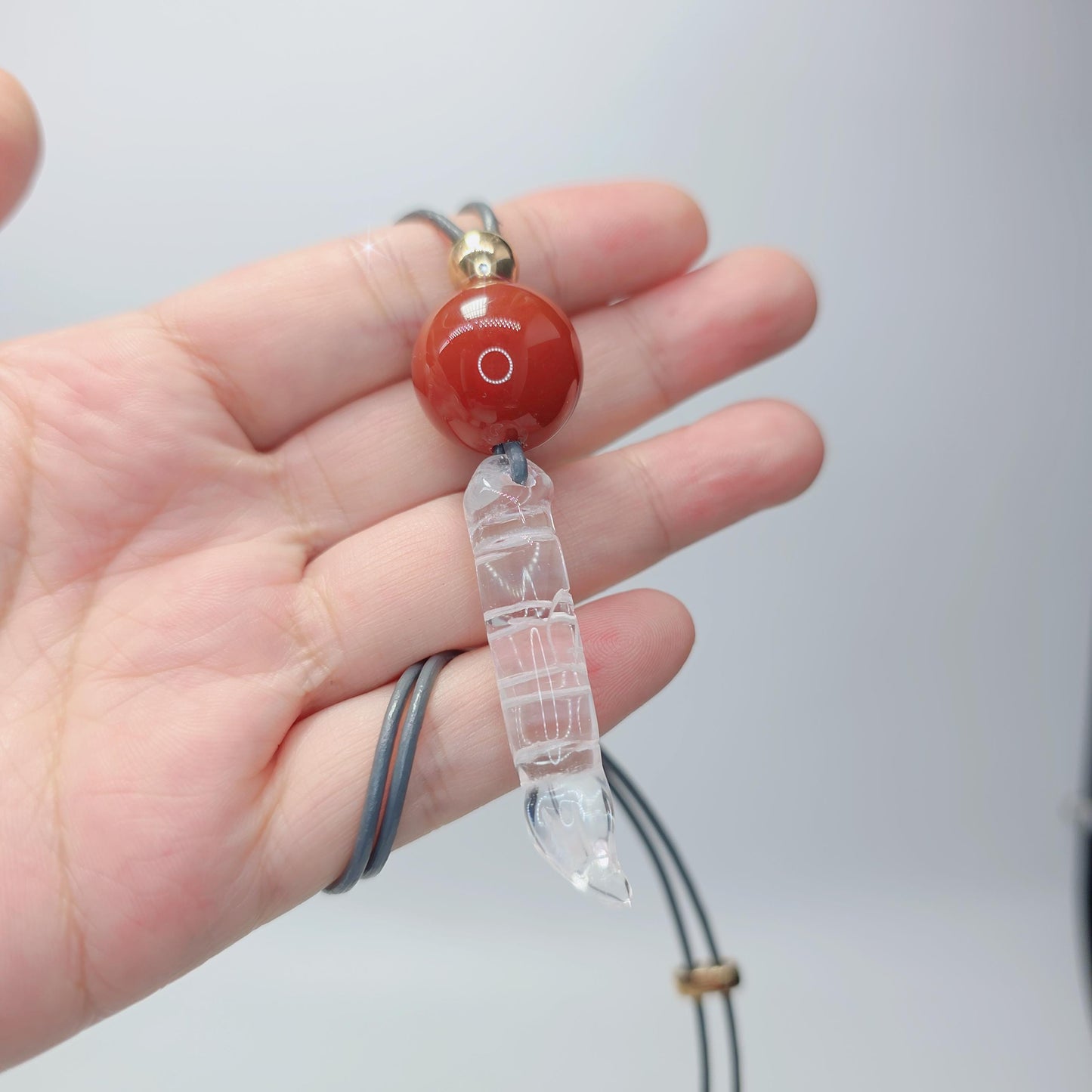Clear Quartz Necklace Crystal Pen Point Pendant, Red Carnelian Natural Gemstone Chunky Geometric Jewelry, Adjustable Leather Cord