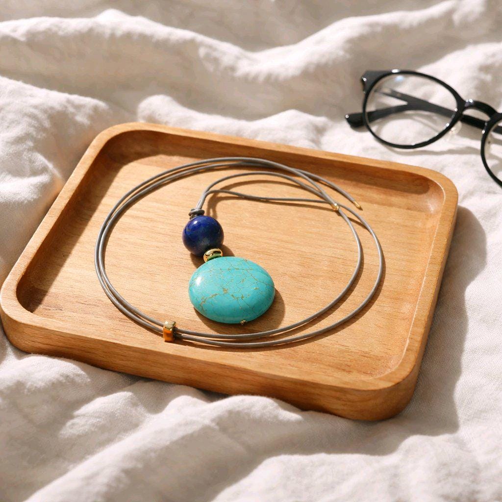 Turquoise Necklace Lapis Lazuli Pendant, Natural Blue Gemstone Chunky Geometric Jewelry, Adjustable Leather Cord