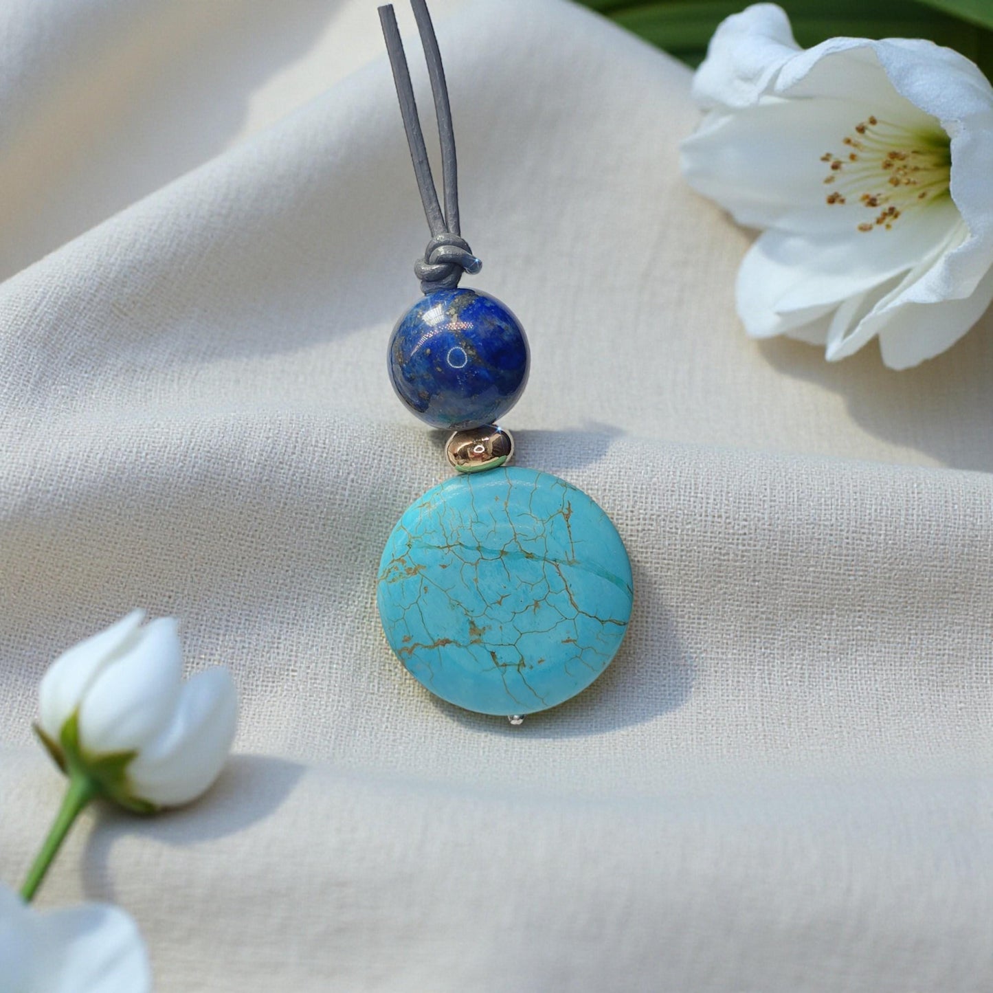 Turquoise Necklace Lapis Lazuli Pendant, Natural Blue Gemstone Chunky Geometric Jewelry, Adjustable Leather Cord