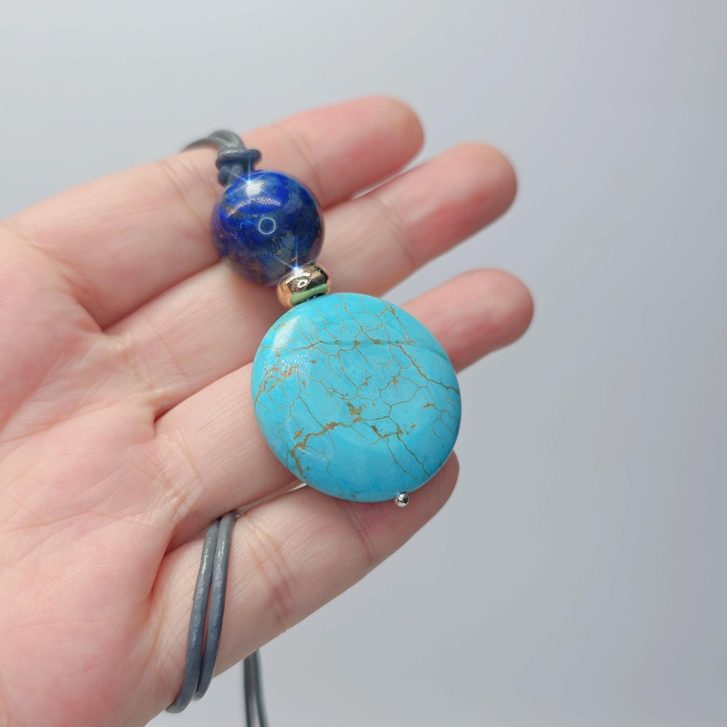 Turquoise Necklace Lapis Lazuli Pendant, Natural Blue Gemstone Chunky Geometric Jewelry, Adjustable Leather Cord