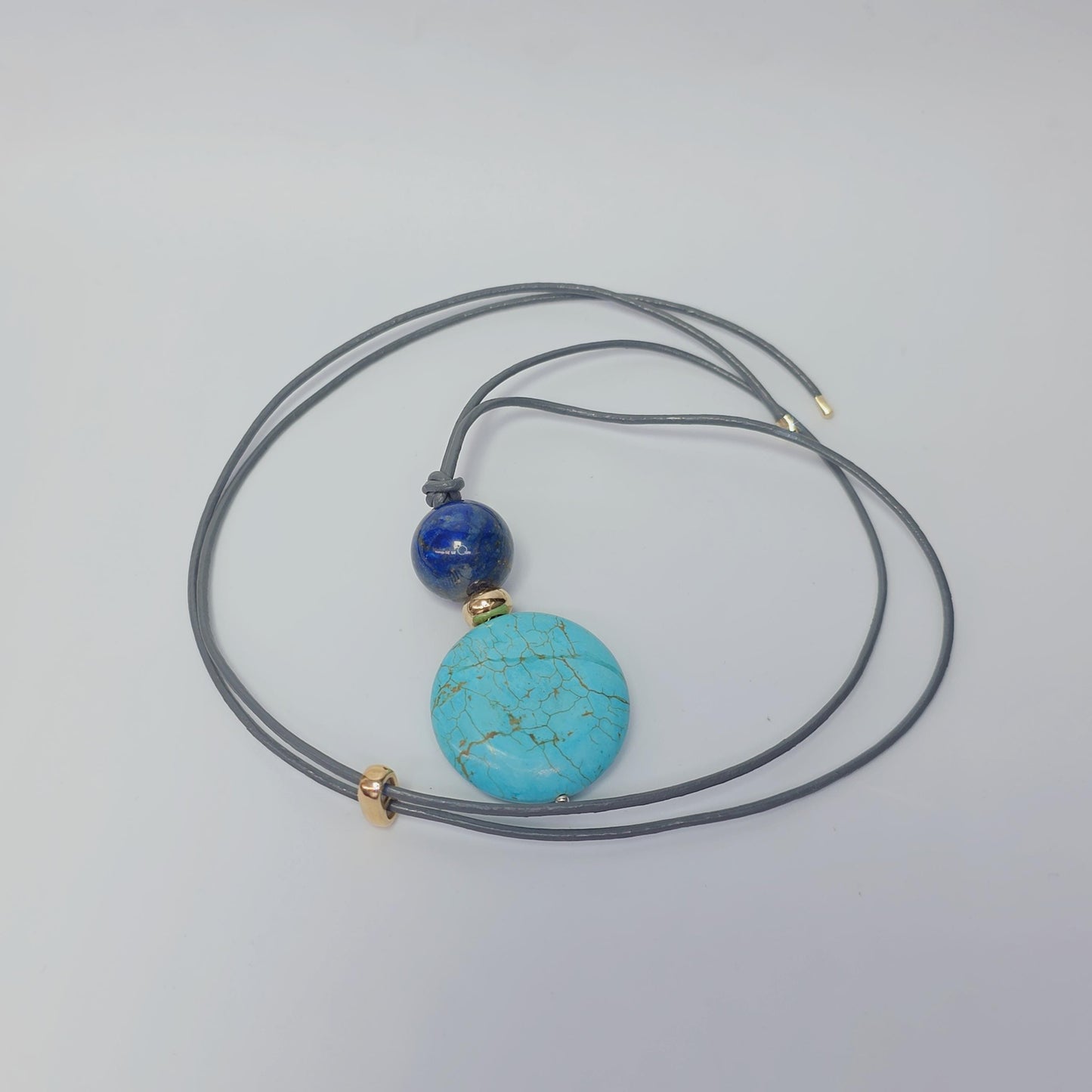 Turquoise Necklace Lapis Lazuli Pendant, Natural Blue Gemstone Chunky Geometric Jewelry, Adjustable Leather Cord