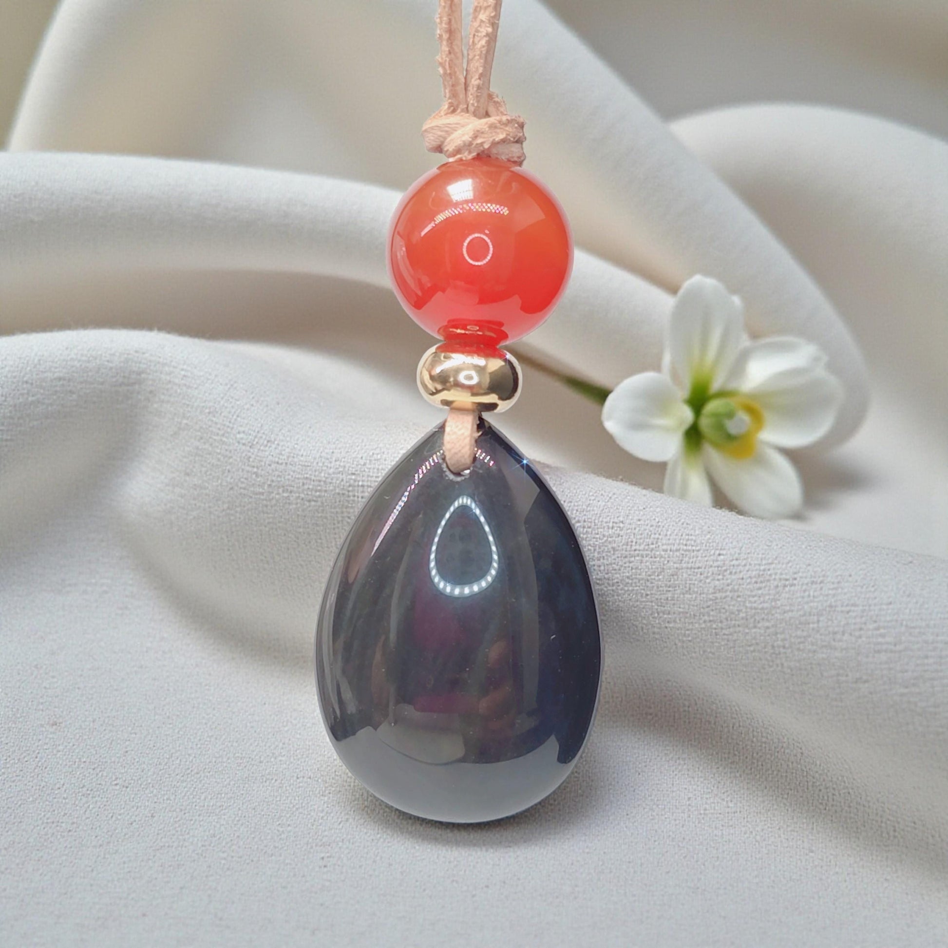 Obsidian Necklace Teardrop Pendant, Red Carnelian Natural Gemstone Chunky Geometric Jewelry, Adjustable Leather Cord