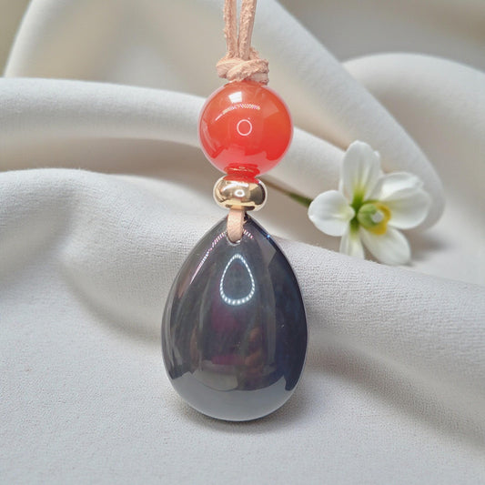 Obsidian Necklace Teardrop Pendant, Red Carnelian Natural Gemstone Chunky Geometric Jewelry, Adjustable Leather Cord