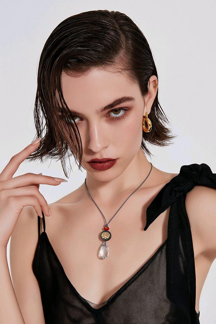 Clear Quartz Lotus Necklace, Chunky 18k Gold Inlaid Zen Crystal Jewelry, Black Sandalwood Spiritual Pendant, Adjustable Leather Cord