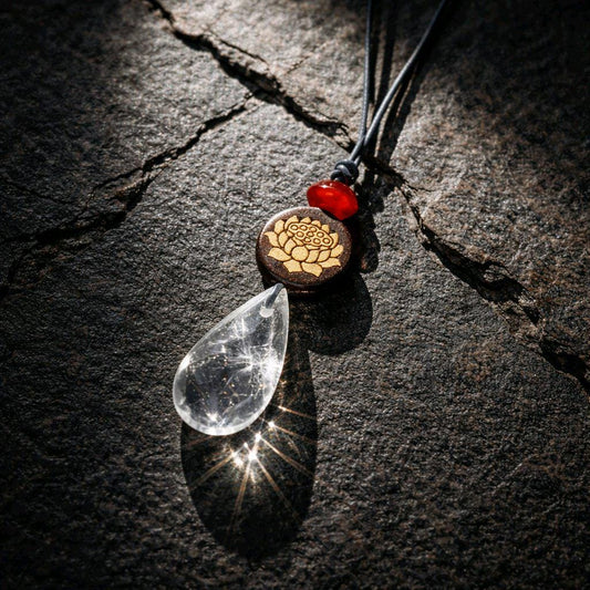 Clear Quartz Lotus Necklace, Chunky 18k Gold Inlaid Zen Crystal Jewelry, Black Sandalwood Spiritual Pendant, Adjustable Leather Cord