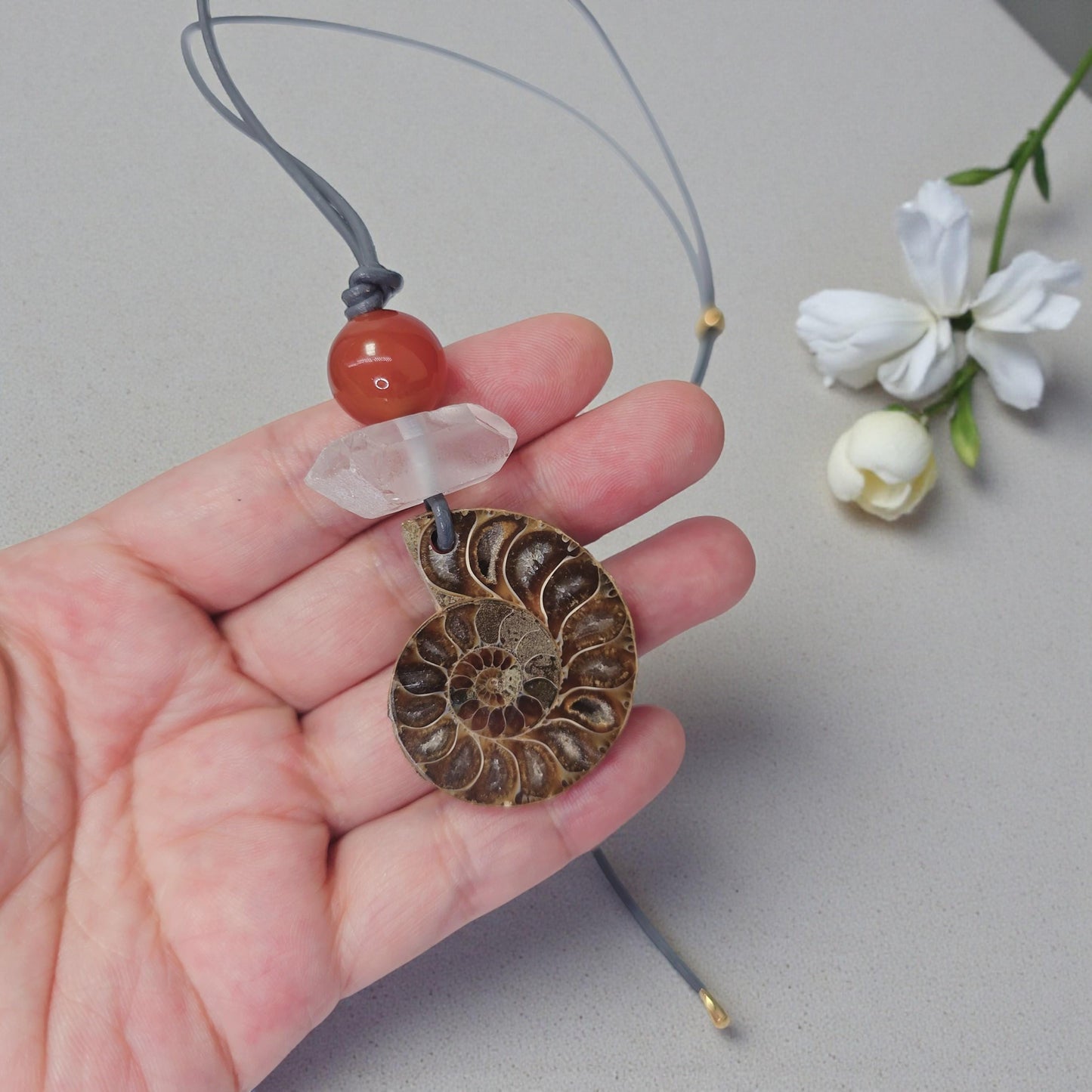 Ancient Ammonite Fossil Necklace, Chunky Clear Quartz Healing Crystal Zen Jewelry, Red Carnelian Pendant, Adjustable Leather Cord