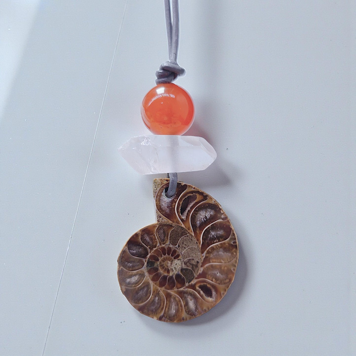 Ancient Ammonite Fossil Necklace, Chunky Clear Quartz Healing Crystal Zen Jewelry, Red Carnelian Pendant, Adjustable Leather Cord