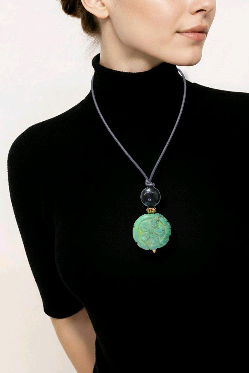 Turquoise Flower Necklace, Chunky Obsidian Protection Jewelry, Hand Carved Totem Crystal Pendant, Adjustable Leather Cord