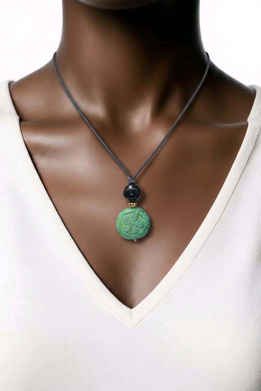 Turquoise Flower Necklace, Chunky Obsidian Protection Jewelry, Hand Carved Totem Crystal Pendant, Adjustable Leather Cord